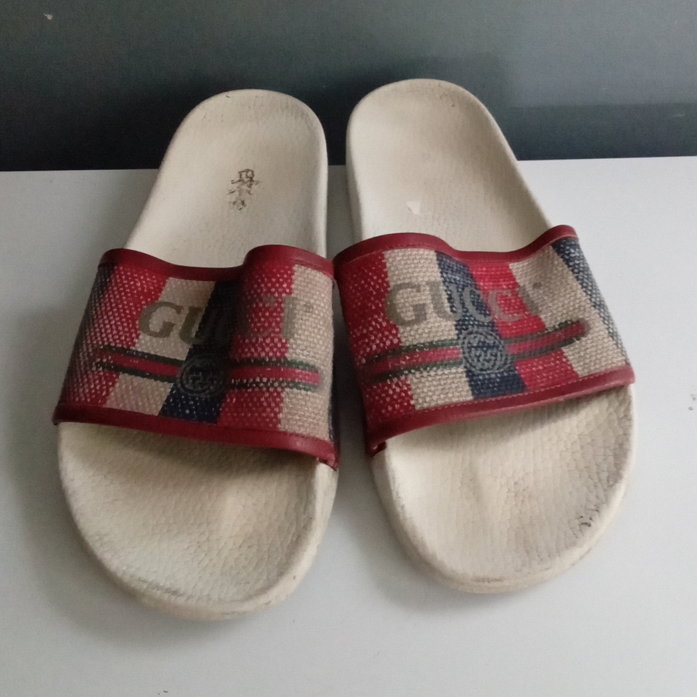 Gucci Red Blue Stripe Logo Slide Sandals Slip On Shoes